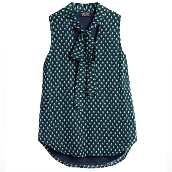 Papermoon navy & green duncan tie neck sleeveless blouse size small GUC - Picture 1 of 3